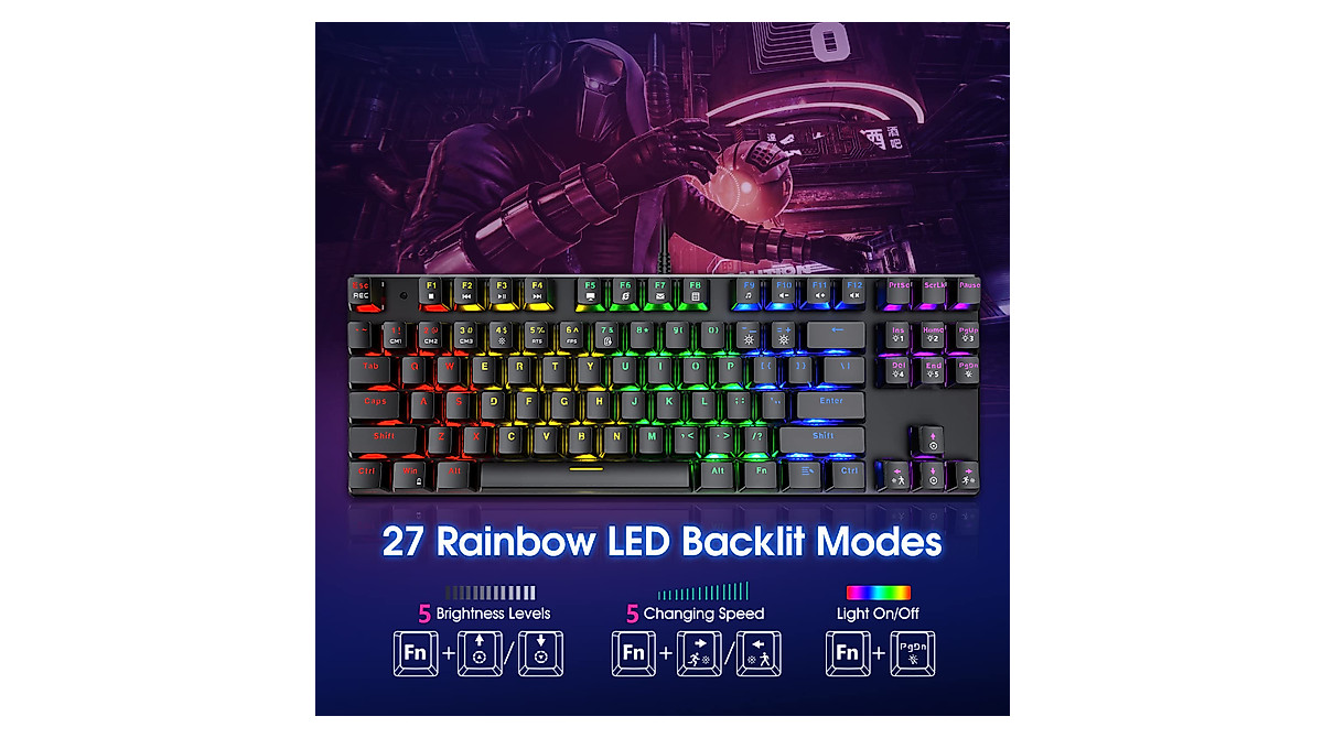 Mechanical Gaming Keyboard with Rainbow LED Backlit and Custom Modes