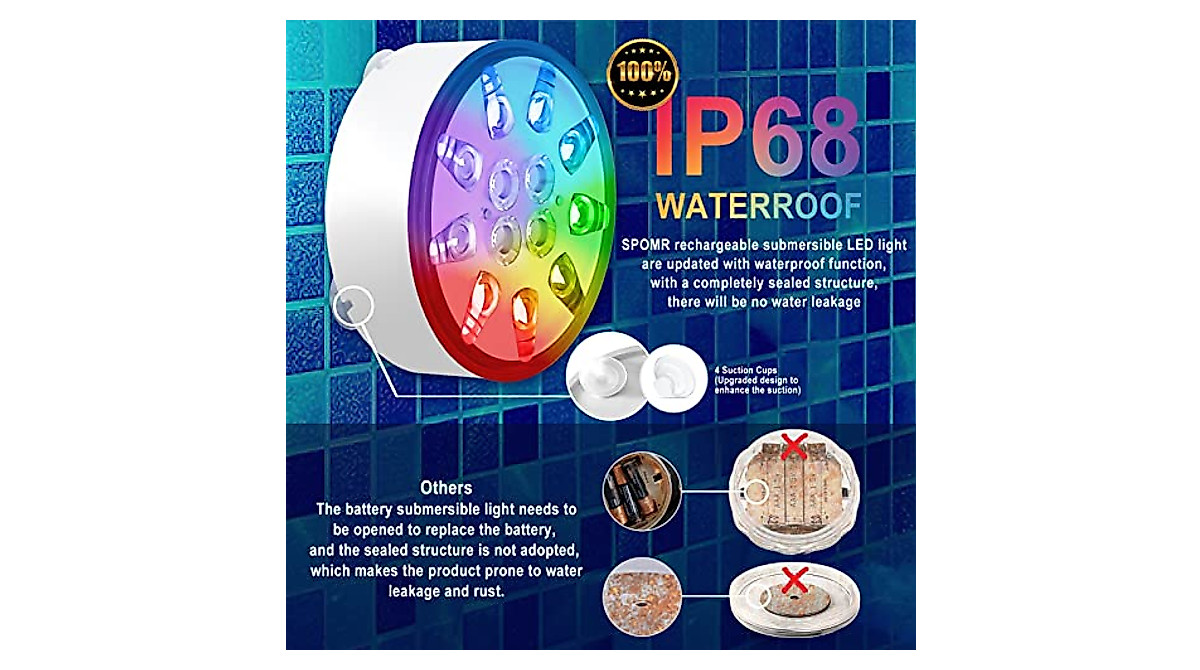 SPOMR Rechargeable LED Pool Light - RGB Color Changing