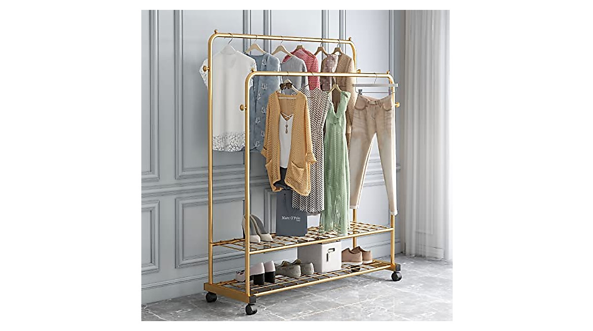 Buy Thick Forest Double Layer Clothes Rack in Gold - Mobile & Spacious