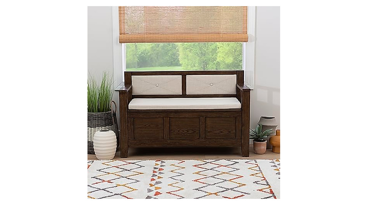 Linon Umber Brown Rustic Storage Bench with Cushioned Seat