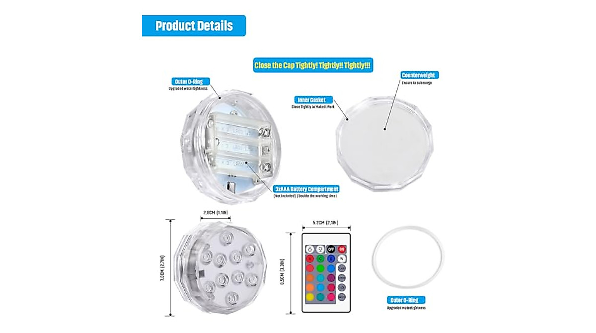 TEPENAR Waterproof Submersible LED Lights - 16 Color Change & Remote