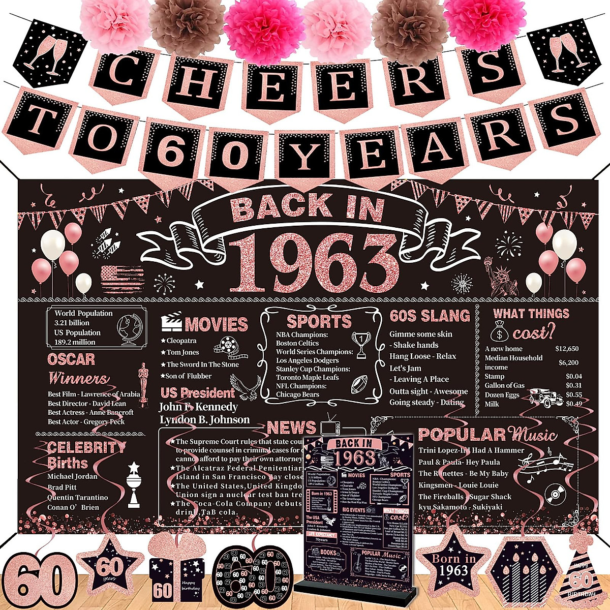 Huge 60th Birthday Decorations for Women - Vintage 1963 Banner Set