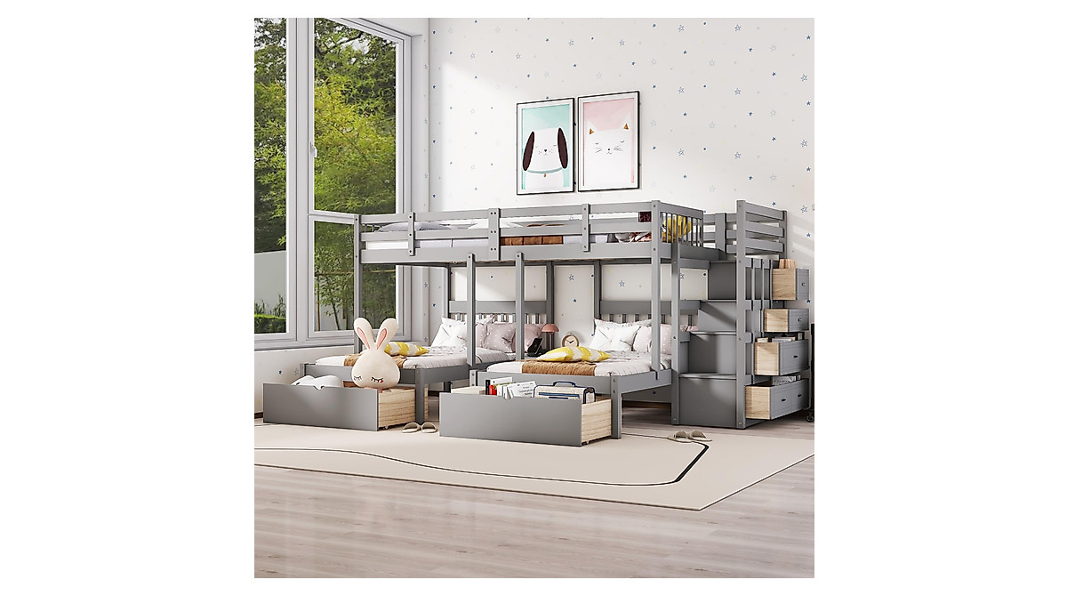 Harper & Bright Triple Bunk Bed with Storage and Stairs