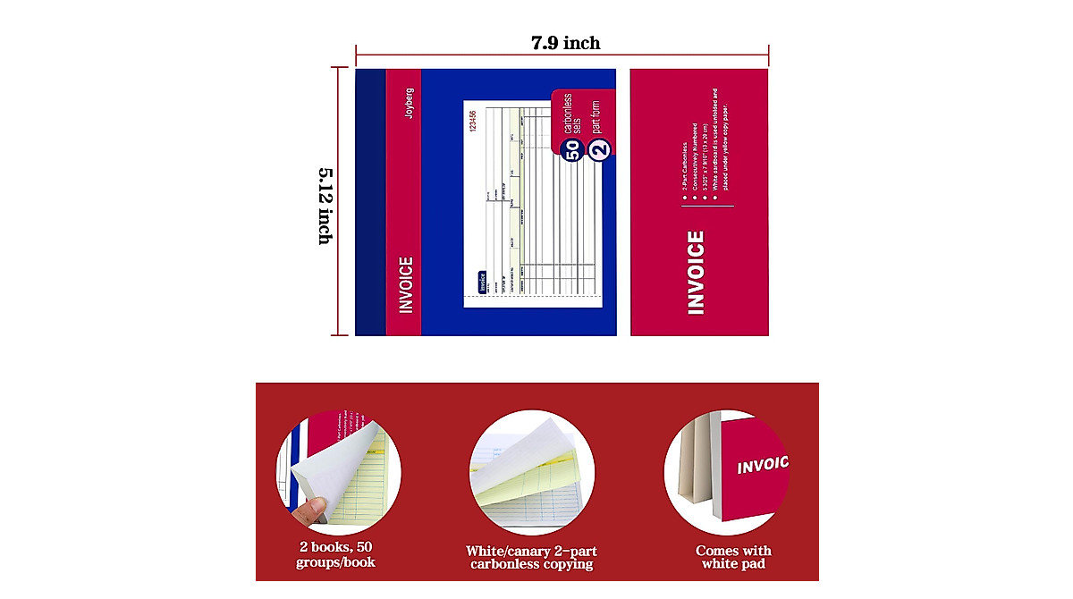 2-Pack Carbonless Invoice Books for Small Business - 50 Sets