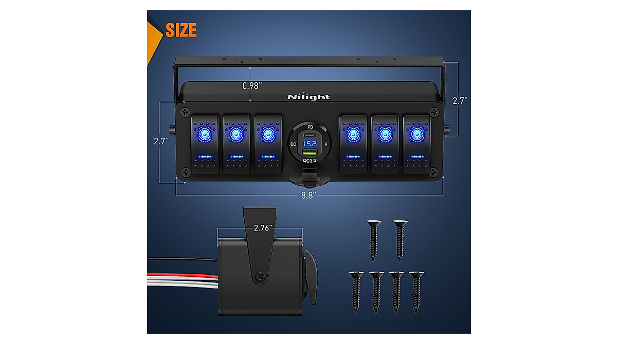 Nilight 6-Gang Rocker Switch Box with USB & Voltmeter | Waterproof 12V