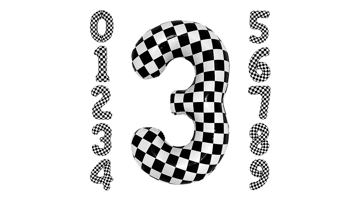 40 Inch Checkered Number 3 Balloon for Race Car and Birthday Parties
