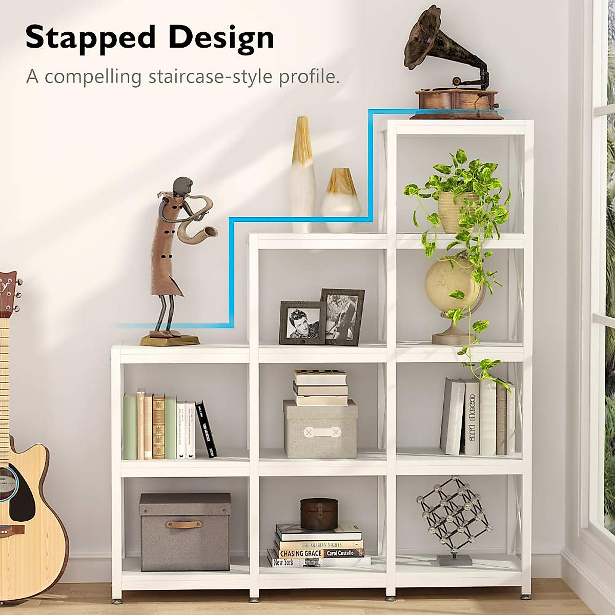 Tribesigns 12 Shelves Bookshelf, Industrial Ladder Corner Bookshelf 9 ...