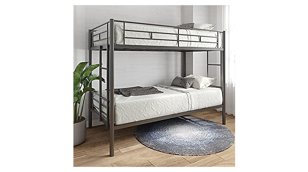 Heavy Duty Twin Over Twin Metal Bunk Bed with Trundle & Safety Rails