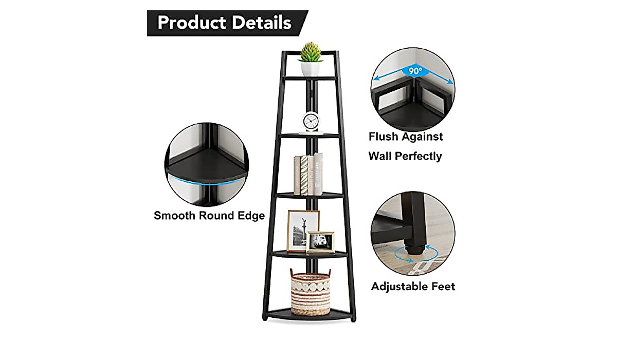 Tribesigns 5 Tier Corner Bookshelf - Space-Saving Rustic Bookcase