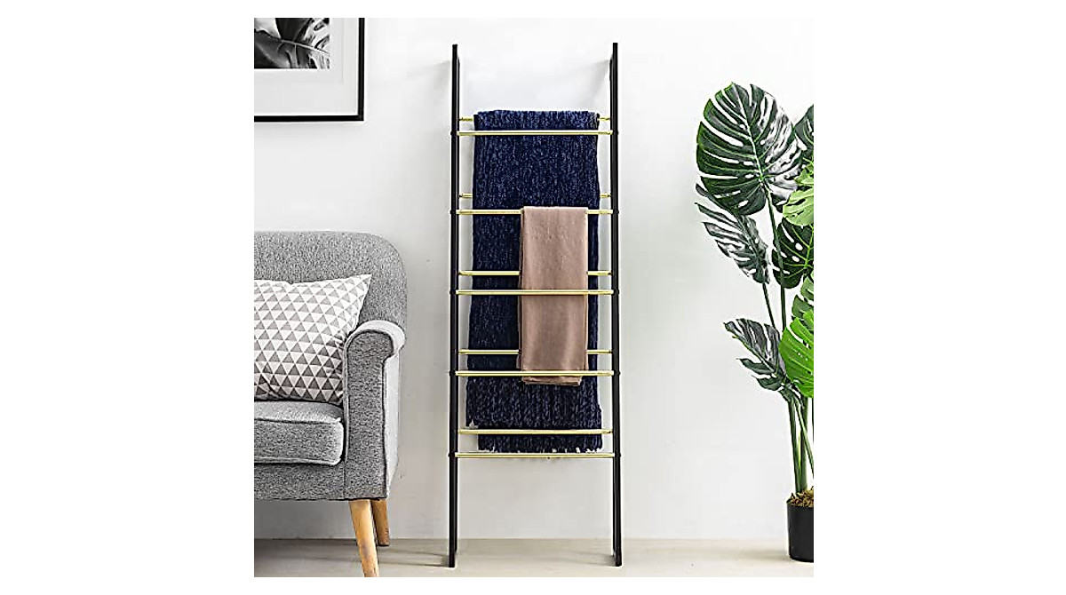 Art Deco Towel Ladder Rack - Modern Black & Gold Wall Leaning Decor