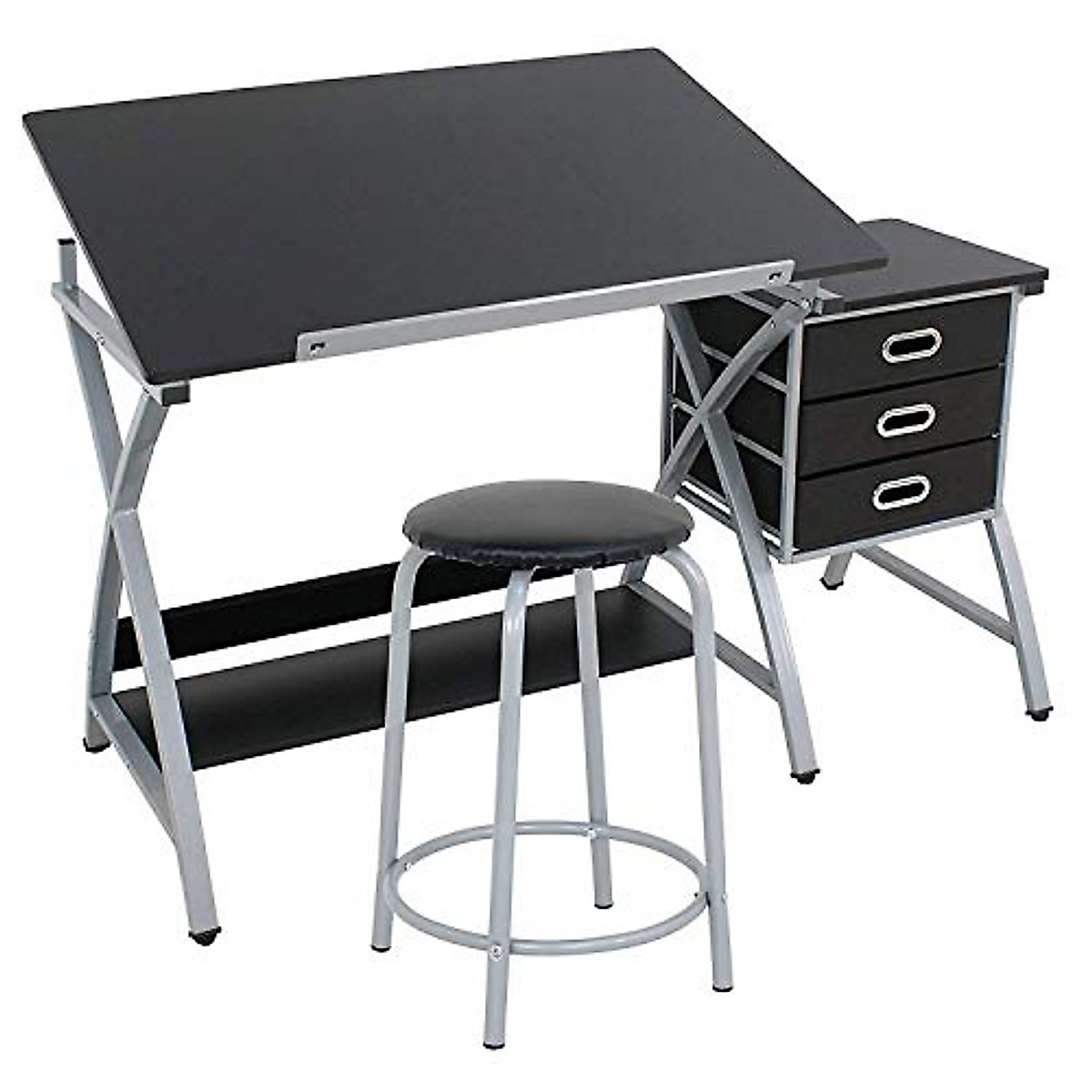 ZENY Adjustable Drafting Table With Stool, Tilting Drawing Desk Artist Table With Storage Drawers, Art Craft Workstation For Home Office Reading, Writing, Crafting (Black-with Outlet