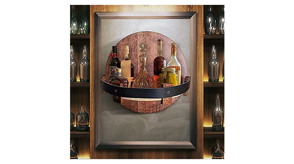 Vintage Whiskey Barrel Rack – Wall-Mounted Liquor Display Shelf
