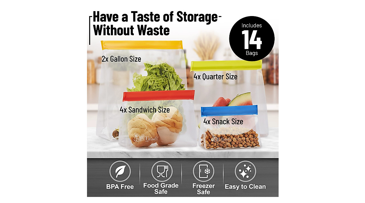 Airtight Reusable Food Storage Bags - 14 Pack Options
