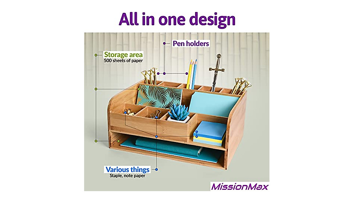 MissionMax Bamboo Desk Organizer for Office & Home - Eco-Friendly Storage