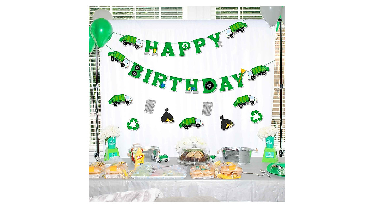 Garbage Truck Birthday Banner & Garland Set - 3 Piece Trash Truck Party Decor For Waste Management Theme - View #2