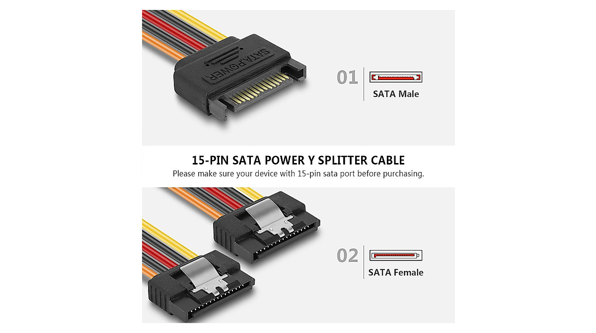 BENFEI 15 Pin SATA Power Y-Splitter Cable 2-Pack for Multiple SATA Devices