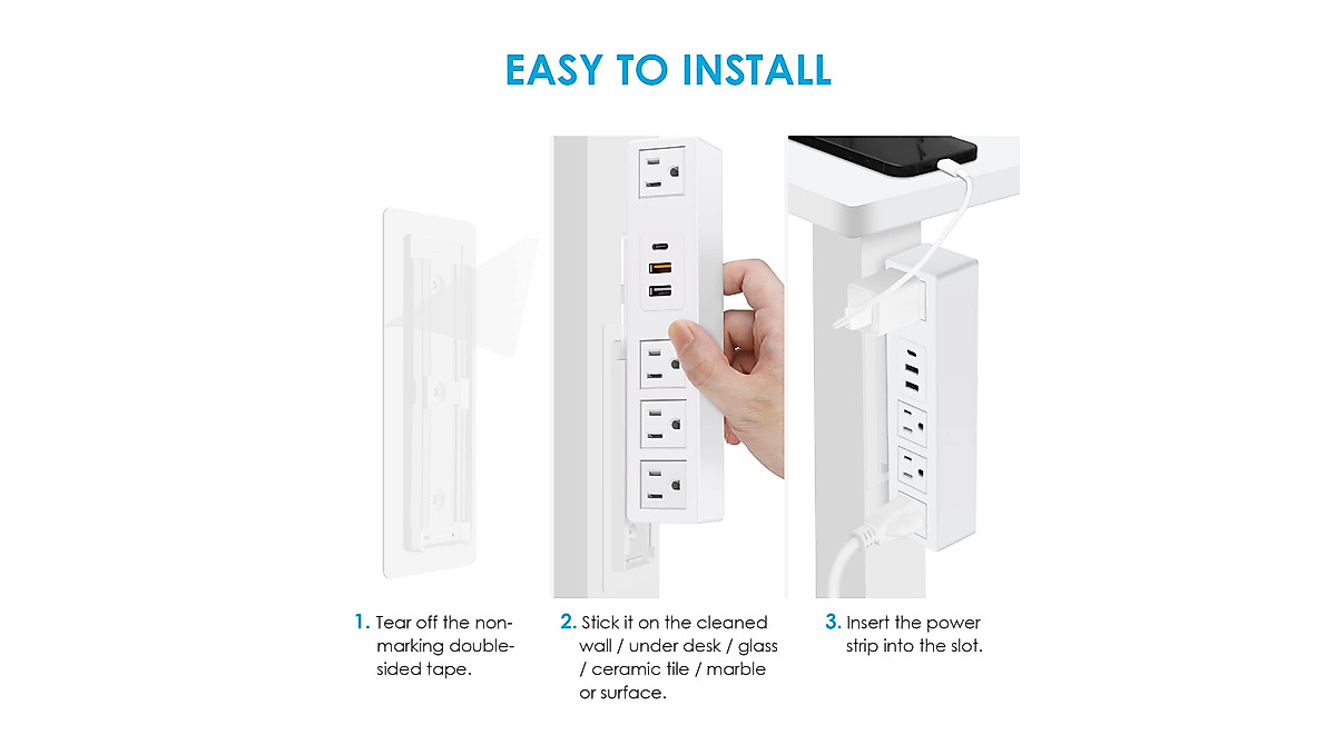 JUNNUJ 20W USB C Under Desk Power Strip - Fast Charging