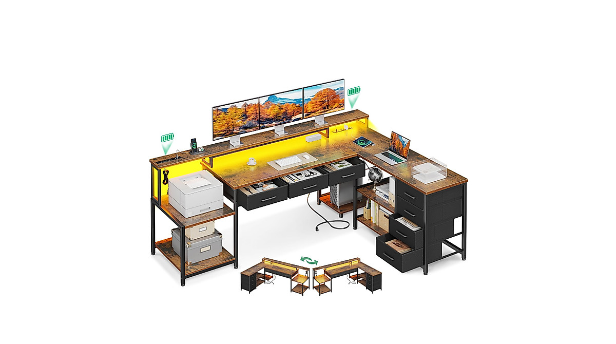 AODK L Shaped Desk with 7 Drawers & LED Light