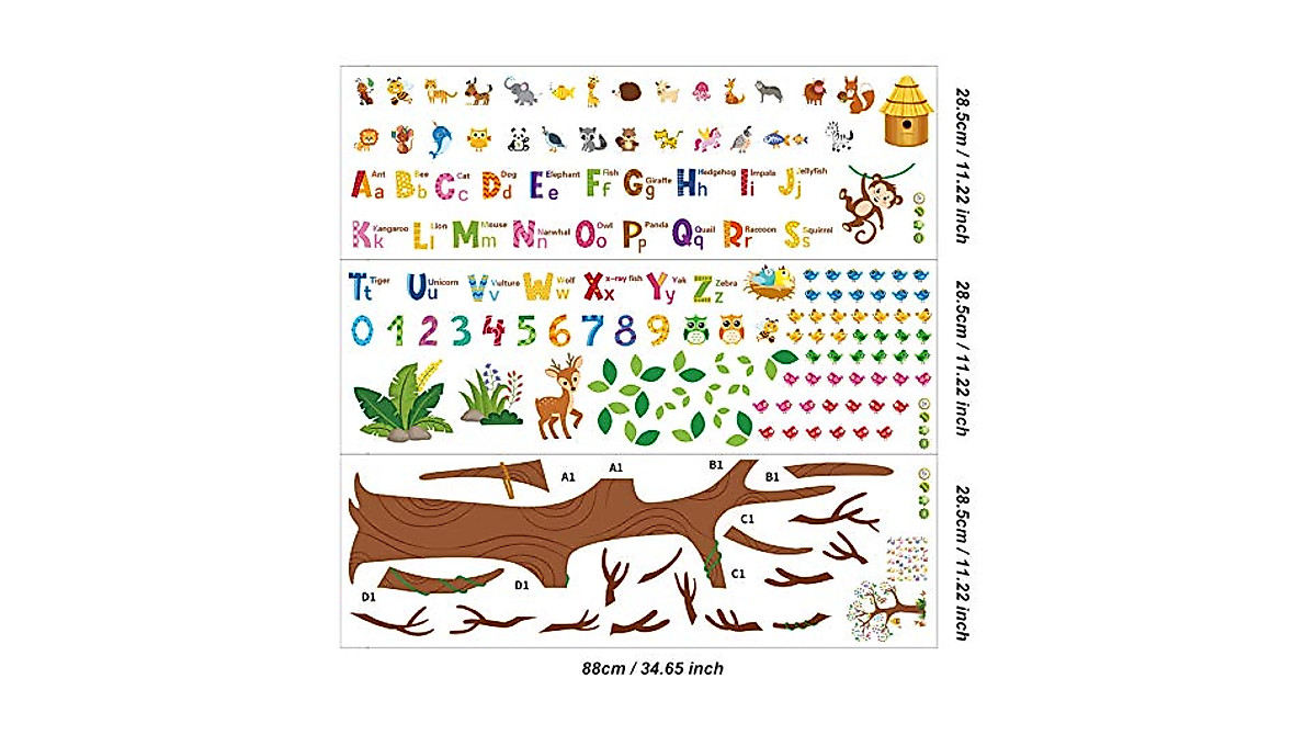 Animal Alphabet & Numbers Tree Wall Decals for Kids & Classroom Learning