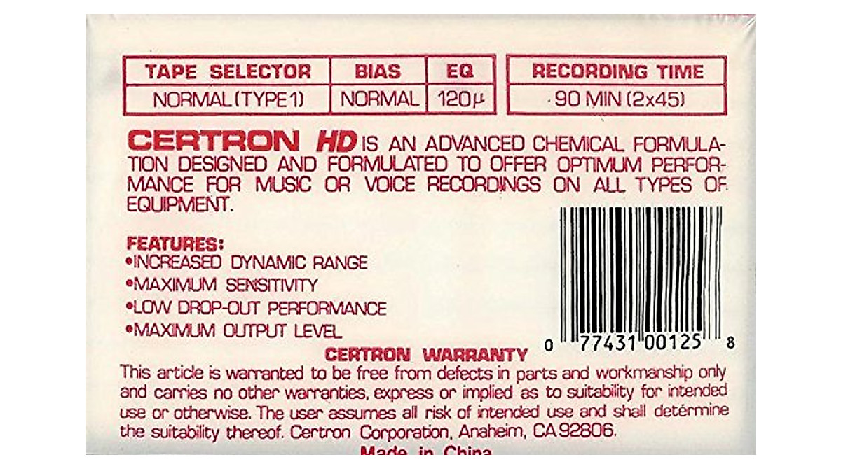 Certron HD90 Cassette Tape - High Density 90 Minutes for Audio & Data