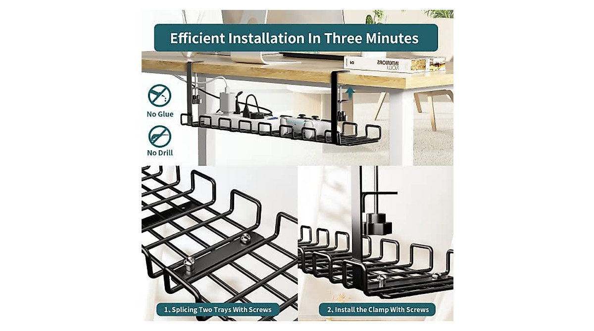 Under Desk Cable Management Tray No Drill | 25-Inch Wire Organizer