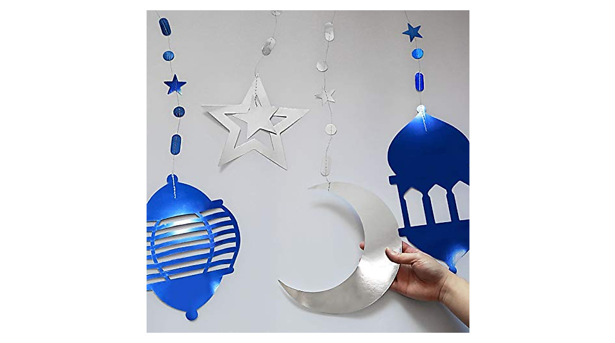 Ramadan Lantern Garland - Silver Blue Star & Crescent Moon Decor
