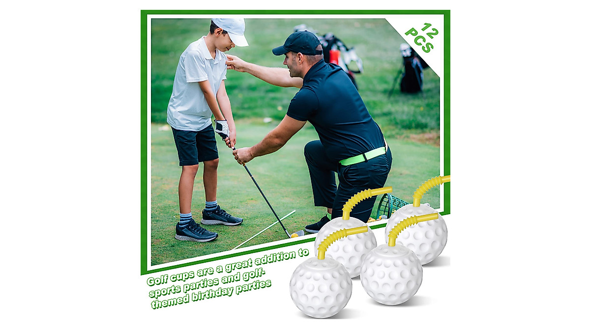Golf Ball Cups with Straw - Fun Party Favors (12 Pack)