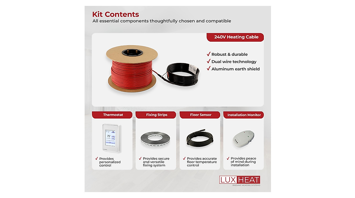 LuxHeat Floor Heating Cable Set – 15 Sq Ft, 120V Electric Radiant Floor System With Programmable Thermostat & GFCI