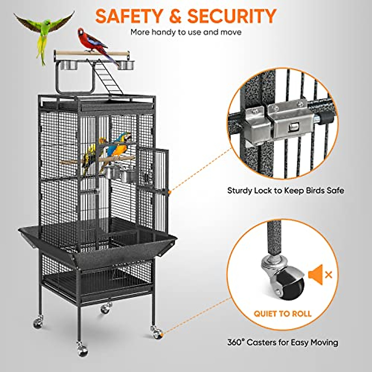 thumbnail image 2 of Large Parrot Cage Large Parrot Bird Cage SUPER DEAL PRO 61-inch 2in1 Large Bird Cage With Rolling Stand Playtop Parrot Chinchilla Finch Cage Macaw Conure Cockatiel Cockatoo Pet House Wrought Iron Birdcage 2 of 12