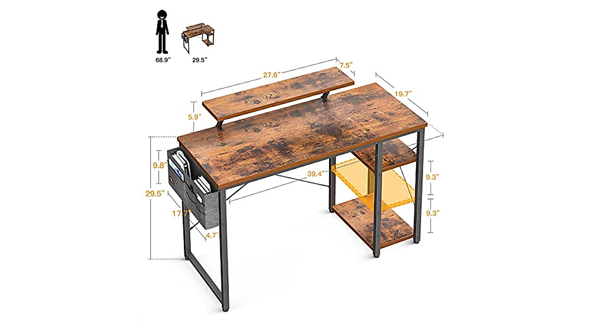 ODK 39 Inch Computer Desk with Shelves & Monitor Stand | Vintage Design