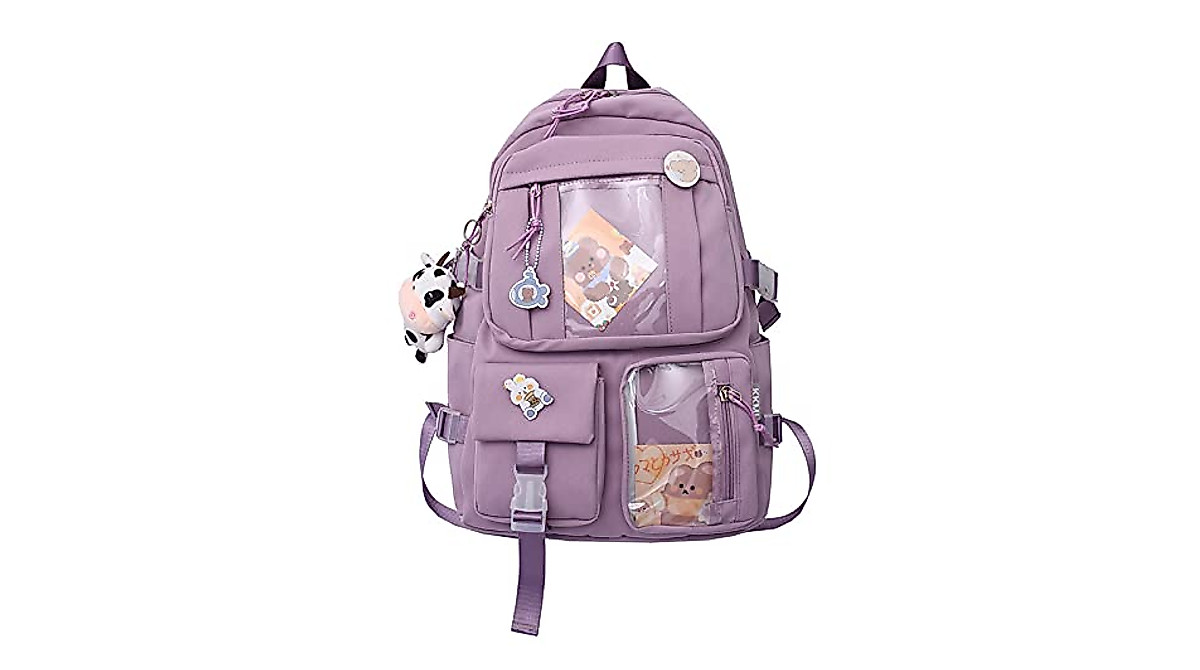 Kawaii School Backpack for Girls with Cute Pins & Plush Pendant