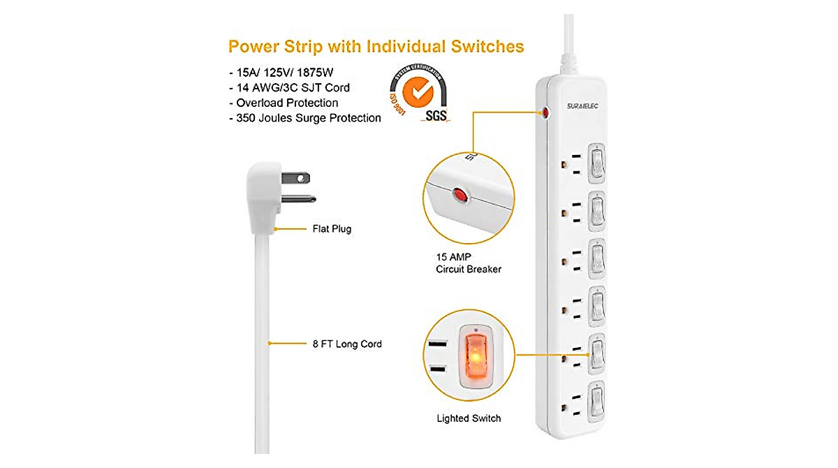 Suraielec 6-Outlet Surge Protector with Individual Switches