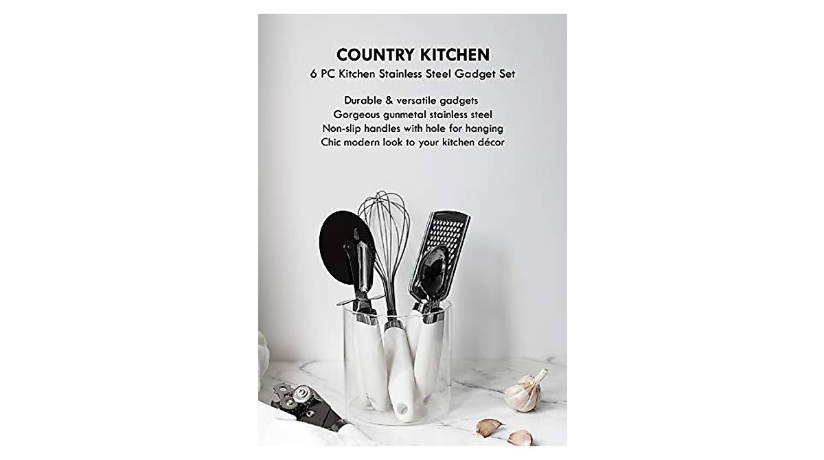 Country Kitchen 6 Pc Stainless Steel Gadget Set with White Handles
