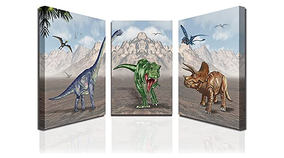 Boy Room Dinosaur Wall Art - 3-Piece Canvas Set for Kids & Teens