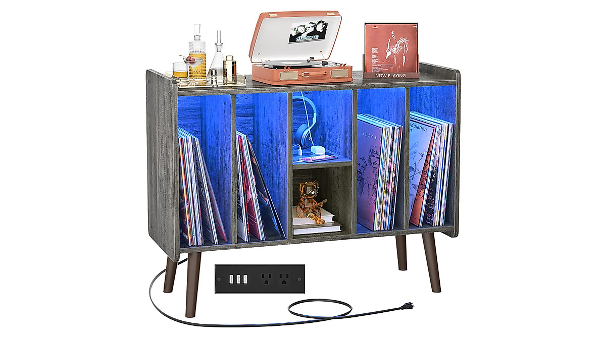 Unikito Record Player Stand with LED Light, Vinyl Record Storage Table ...