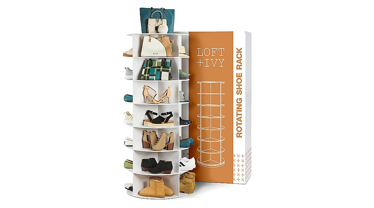 LOFT + IVY Rotating Shoe Rack Tower - Fits 28 Pairs | Easy Spin Organizer