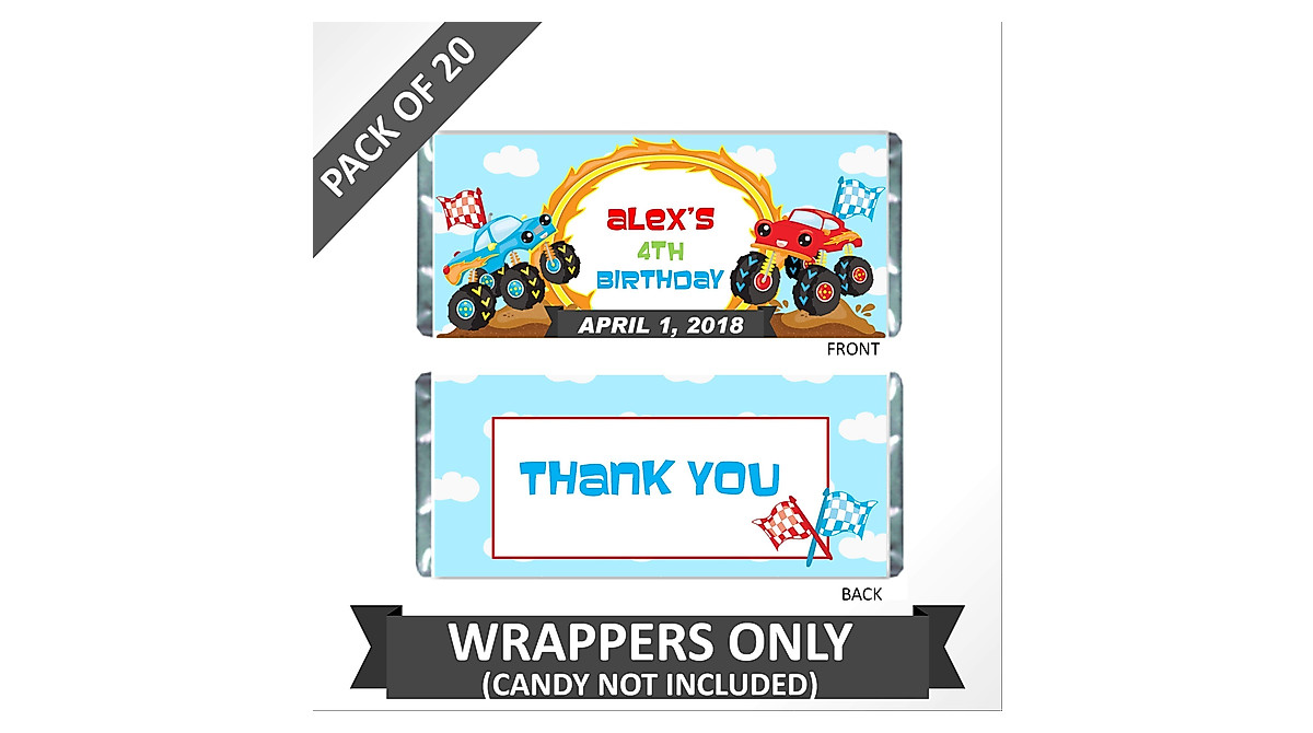 Personalized Monster Truck Birthday Candy Wrappers - Pack of 20