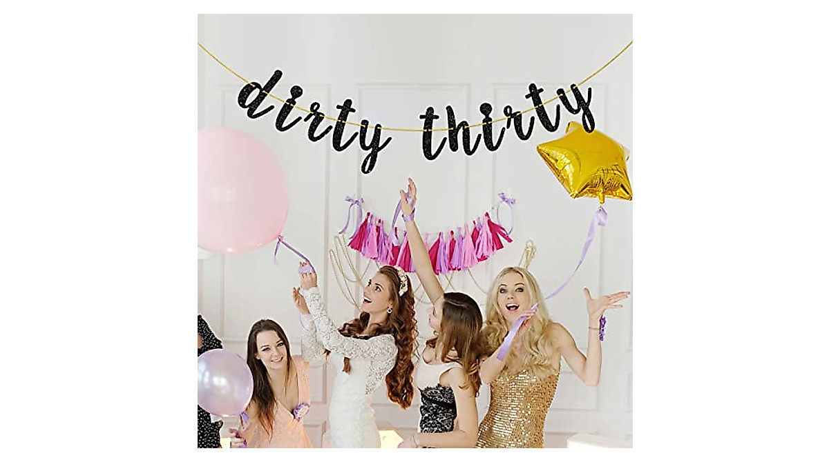 Helewilk Black Glitter Dirty Thirty Banner for 30th Birthday Party
