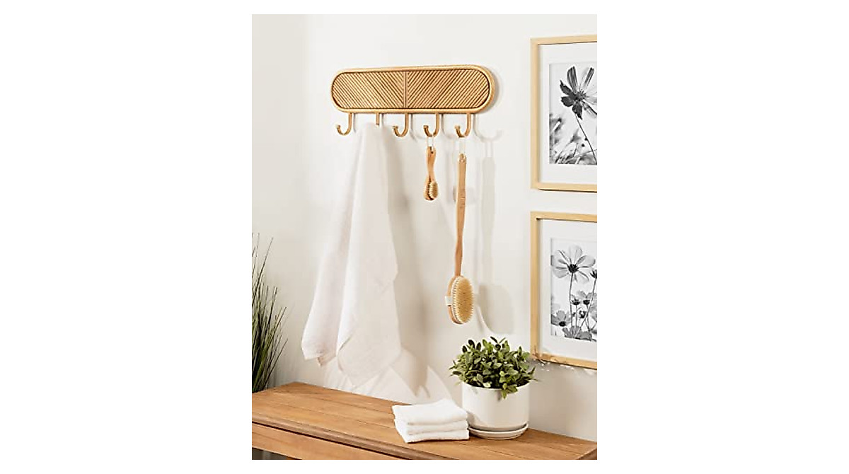 Kate and Laurel Tioga Boho Rattan Coat Rack - Stylish Wall Storage