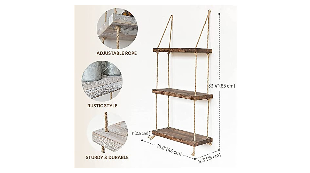 COUNTOOZQ 3-Tier Rustic Rope Shelves for Indoor & Outdoor Decor