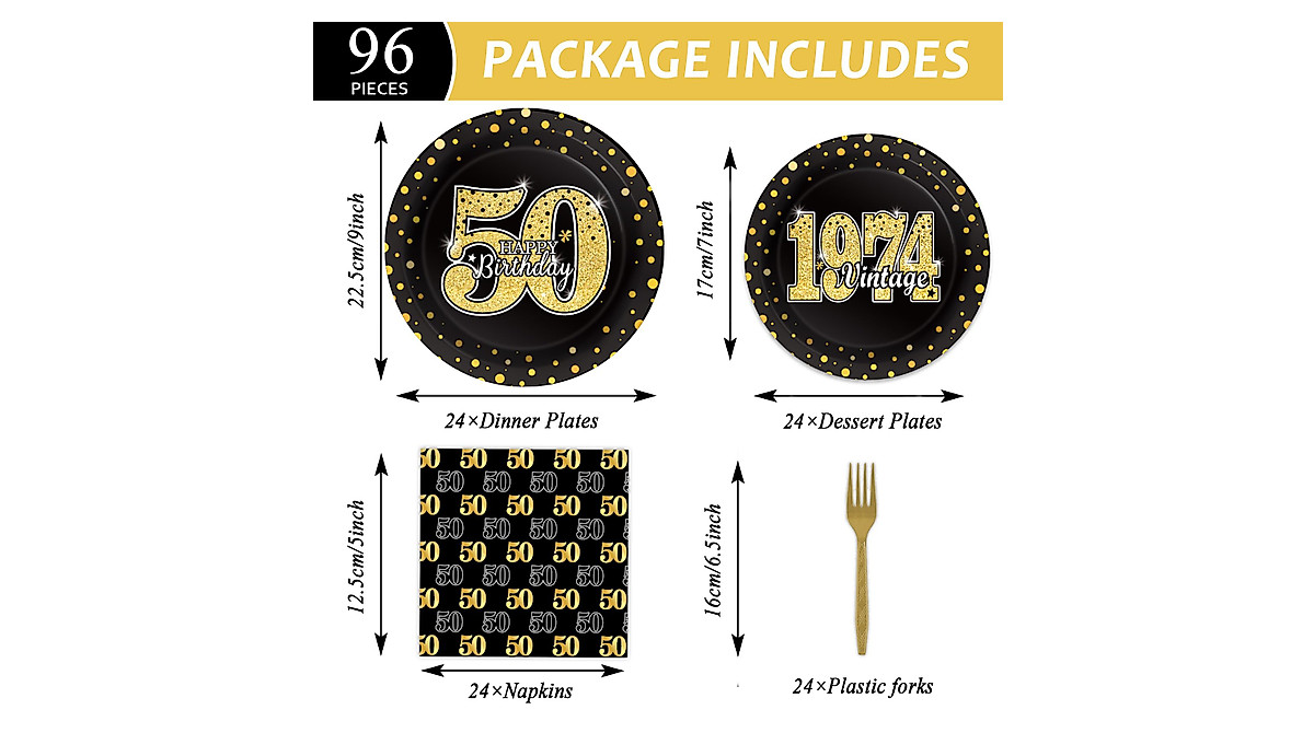 96 Pcs Vintage 50th Birthday Party Tableware - 1972 Themed Plates, Napkins, Forks For 24 Guests