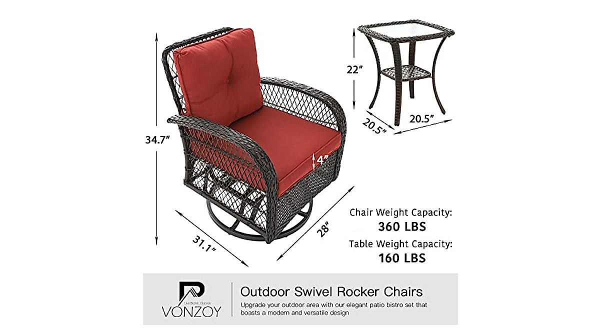 VONZOY 3-Pc Wicker Patio Set: Swivel Glider Rocker Chairs