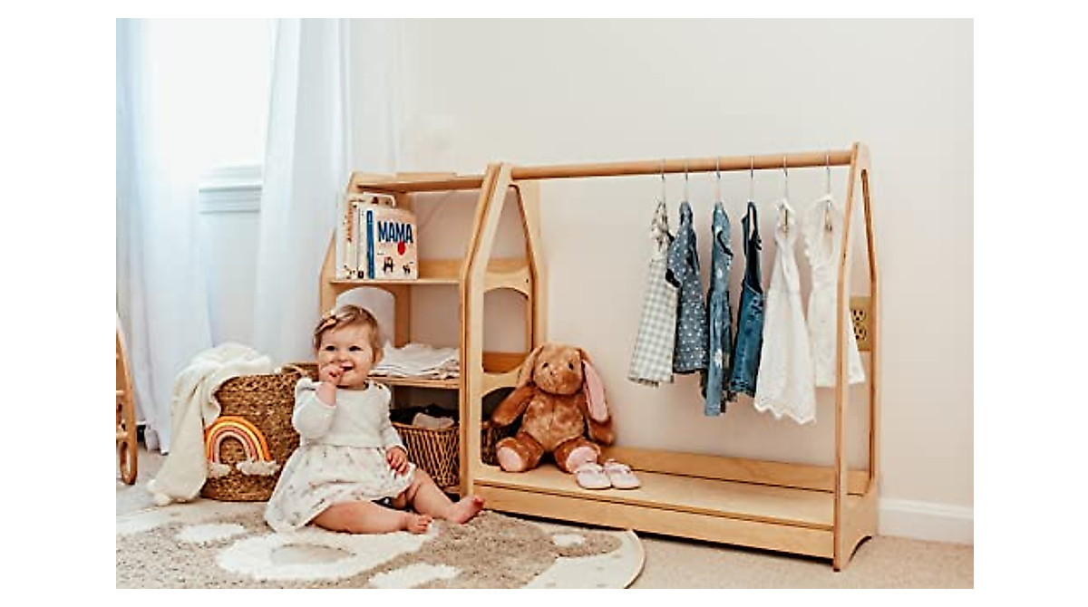 WOOD&ROOM Kids Montessori Clothing Rack with Storage Shelf