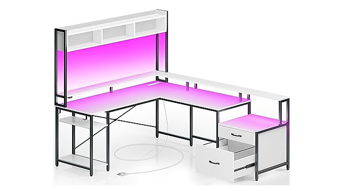 Rolanstar L Shaped Computer Desk with LED Lights & Storage