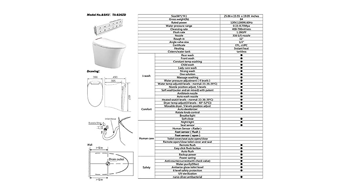 Smart Bidet Toilet with Remote Control & Automatic Flushing