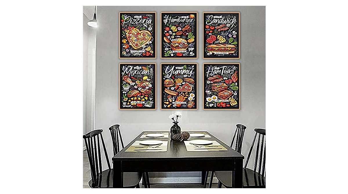 Retro Fast Food Kitchen Wall Art Prints - Set of 6 Canvas Decor
