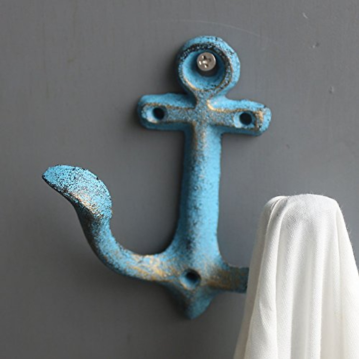 Nautical Anchor Cast Iron Wall Hooks - Blue Rustic Decor