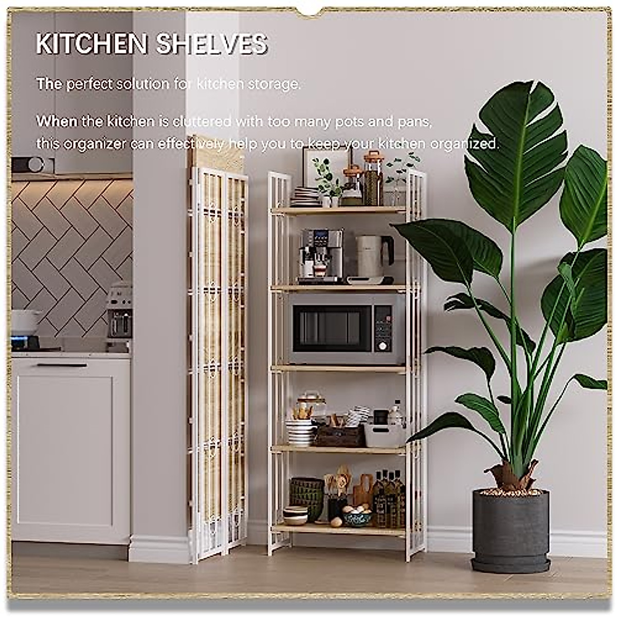 4NM No-Assembly Folding Bookshelf - 5-Tier Storage Shelf Natural White For Home Office, Bedroom, Living Room