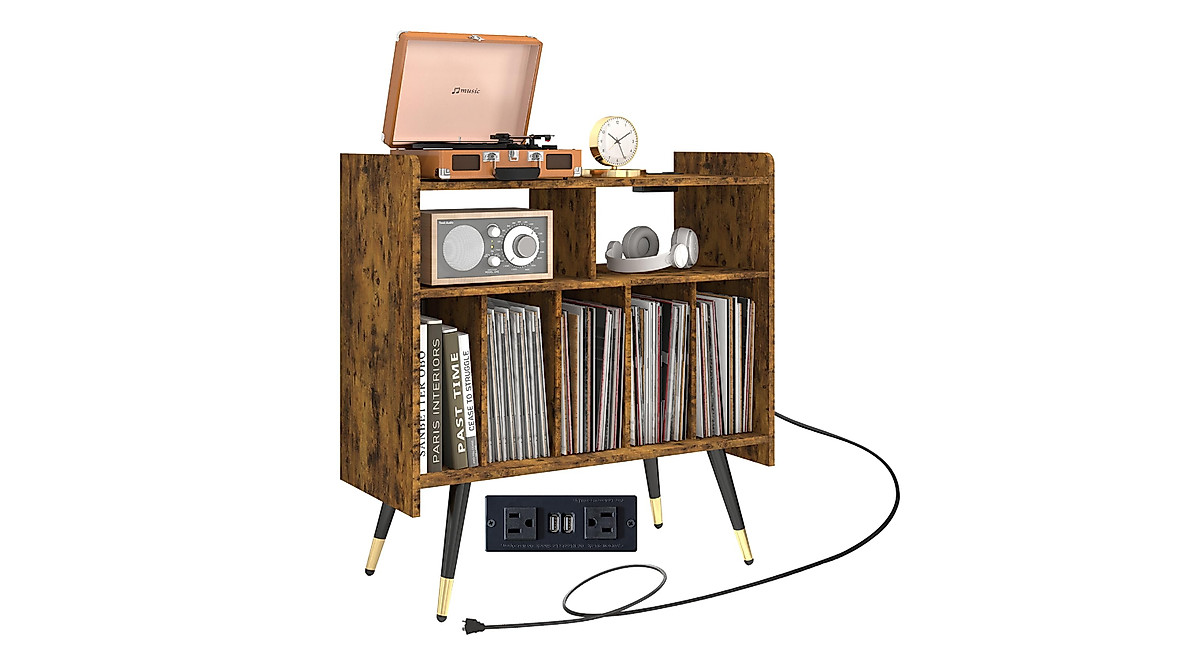 Stylish Large Record Player Stand with Storage & Power Outlets