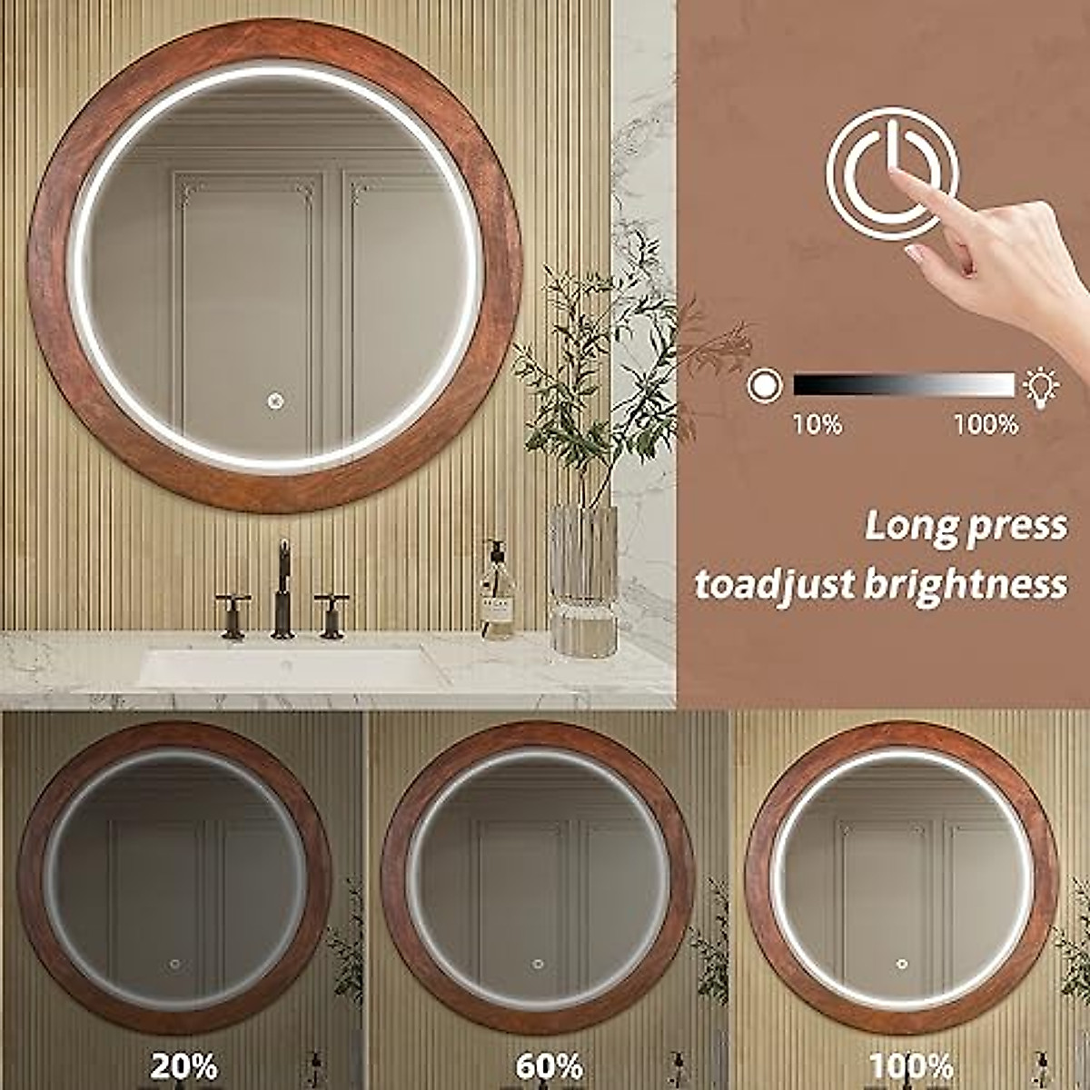 Round LED Bathroom Mirror with Walnut Frame